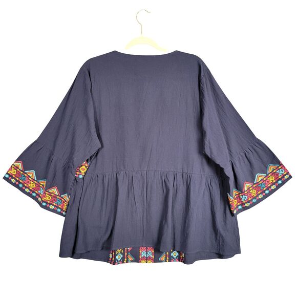 NWT SAVANNA JANE PT11259 Blue Geometric Aztec Embroidered V-Neck Top SIZE 2X - Picture 3 of 11